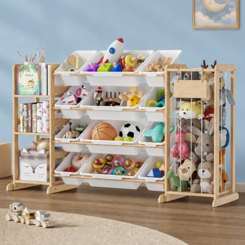 Toy Storage Organizer with Stuffed Animal Storage, Playroom Toy Organizer with 12 Toy Bins for Bricks, Toy Holder for Toddler Rooms, Playrooms, Bedrooms