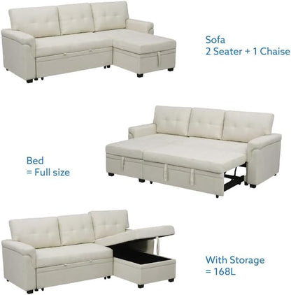 Naomi Home 84" L-Shaped Sectional Sleeper Sofa with Pull Out Bed | Sleeps Guests Comfortably, Stores Essentials in Chaise & Saves Space, Velvet, Cream Convertible Sofa Bed