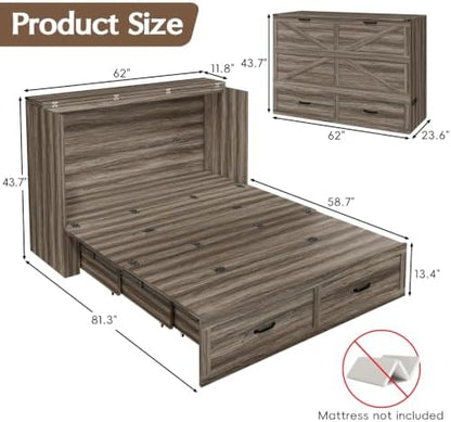 Hlivelood Queen Size Farmhouse Murphy Bed with Drawer&Charging Station,Grey