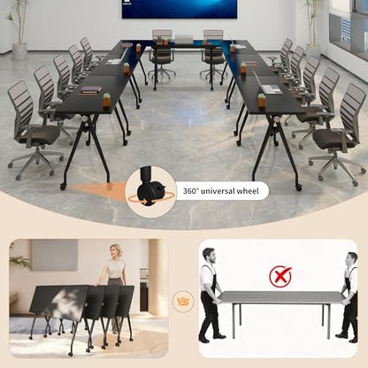 Folding Conference Table with Wheels, 8 Pack Modular Flip Top Conference Tables for Training Rooms, Mobile Modern Office Table, 63 Inch Large Conference Room Table, Black
