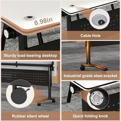 Conference Table, Folding Conference Room Tables with Wheels, Modular Flip Top Nesting Training Table, Modern Rolling Meeting Stackable Tables for Mobile Office Boardroom Classroom, White 4Pack