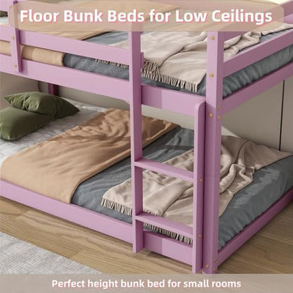 Bunk Bed Twin Over Twin with Ladder and Safety Guardrails, Solid Wood Low Bunk Beds Frame for Teens and Adults, Twin Size Floor Bunk Bed, No Box Spring Needed, Pink