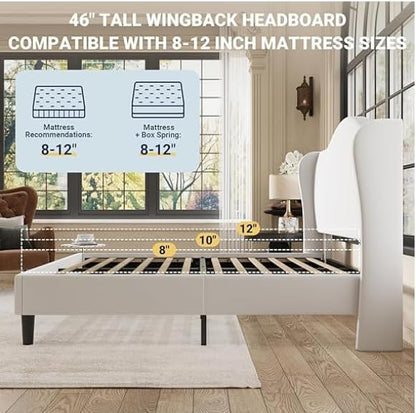 Allewie Velvet Platform Queen Bed Frame with Wingback and 47" Tall Tufted Headboard, Modern Minimalist Design, No Box Spring Required, Tool-Free Assembly, White