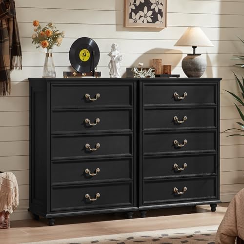 Joaxswe Farmhouse 5 Drawer Dresser Set of 2 for Bedroom, 45" Tall Rustic Chests of Drawers w/ 4 Solid Wood Feet, Vintage Mid Century Wooden Closet Storage Dressers Organizer for Living Room, Black