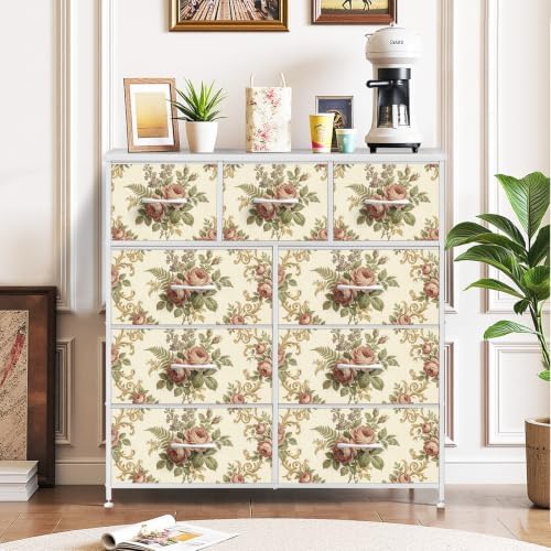 9 Drawer Dresser with Colorful Printed Front, Unique Wide Fabric Dresser