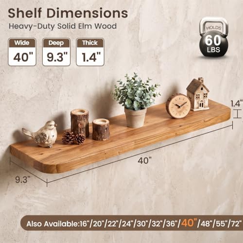 40 inch Floating Shelves for Wall, Elm Wood Rounded Edge, Natural, 2-Pack