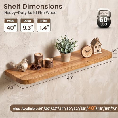 40 inch Floating Shelves for Wall, Elm Wood Rounded Edge, Natural, 2-Pack
