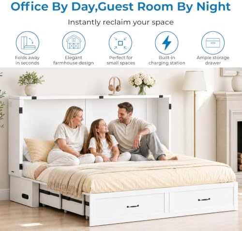 Mjkone Queen Murphy Bed Cabinet with Charging Station & Storage, White