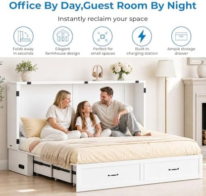Mjkone Queen Murphy Bed Cabinet with Charging Station & Storage, White