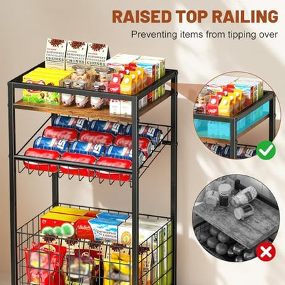 Fruit Vegetable Cart, 3-Tier Snack Cart on Wheels & Wood Top, Brown