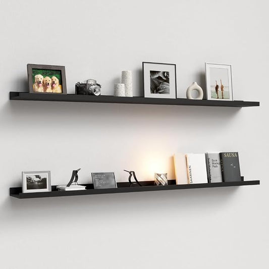 Boswillon 55.1 Inches Long Floating Shelves, 2 Set Modern Wall Shelf for Bedroom, Nursery Book Shelf with Lip, Picture Ledge Shelf for Wall Decor Living Room Bathroom Kitchen - Black