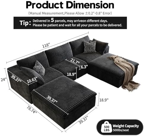 118" Cloud Couch Modular Sectional Sofa for Living Room,Modern Sofa with Deep Seat，U-Shape Boneless Couch with 2 Ottoman,Comfy Upholstered Corduroy Couches for Apartment, Studio, Office,Bedroom，Black