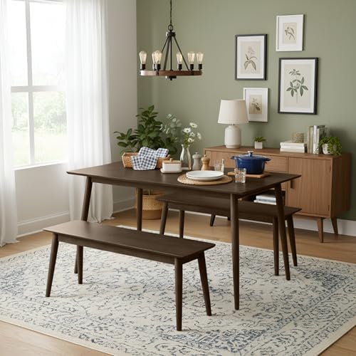 Alaterre Calais Wooden Dining Table Set for 4 with Benches, Warm Walnut