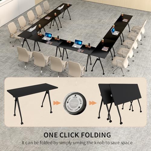 Folding Conference Table with Wheels, 8 Pack Modular Flip Top Conference Tables for Training Rooms, Mobile Modern Office Table, 47.2 Inch Large Conference Room Table, Black