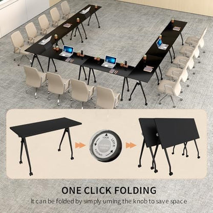 Folding Conference Table with Wheels, 8 Pack Modular Flip Top Conference Tables for Training Rooms, Mobile Modern Office Table, 47.2 Inch Large Conference Room Table, Black