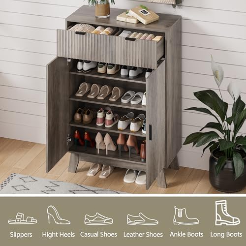 4 Tier Fluted Shoe Cabinet Storage for Entryway, Grey