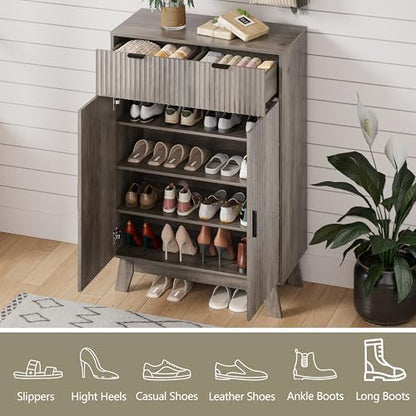 4 Tier Fluted Shoe Cabinet Storage for Entryway, Grey