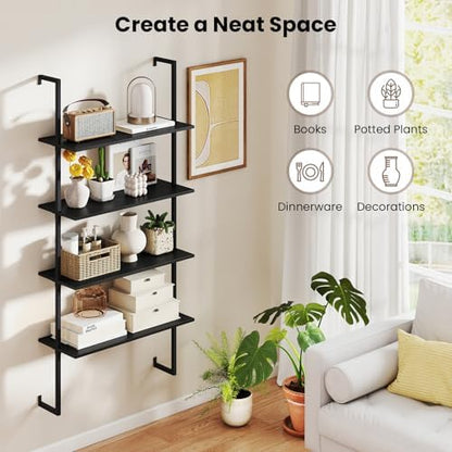Tangkula 4-Tier Wall Mounted Bookshelf, Wooden Ladder Shelf, Black