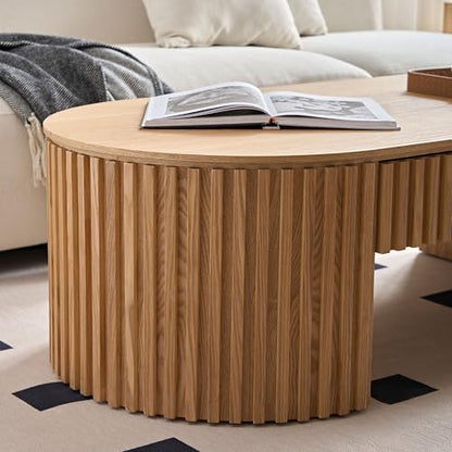 51.18'' Oval Coffee Table for Living Room Fluted Center Table with Drawer, Mid Century Modern Coffee Tables, Easy Assembly for Office Storage Tea Table Oak