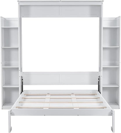 MERITLINE Queen Murphy Bed with Storage Shelves and LED Lights, Wood White Murphy Wall Bed Cabinet with Bookcase Bookshelf for Adults