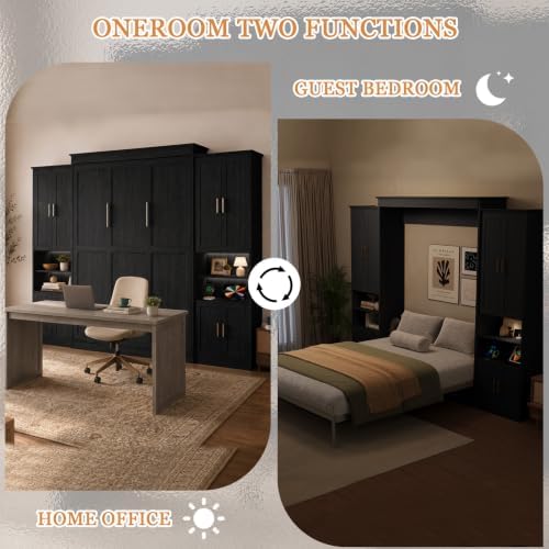 Murphy Bed Queen with 2 Storage Cabinets and USB Port, Black and Grey