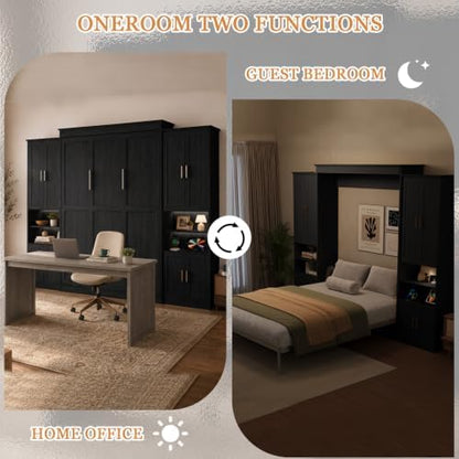 Murphy Bed Queen with 2 Storage Cabinets and USB Port, Black and Grey