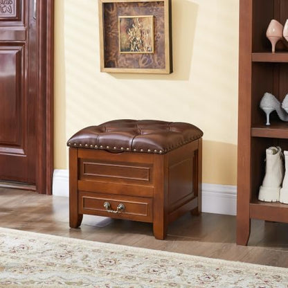 Ottoman with Storage Entryway Shoe Bench, Solid Rubberwood Footstool