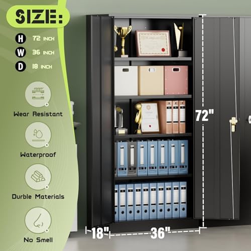 Crownland 72" Metal Storage Cabinet, Lockable Garage Storage Cabinets, High Office Cabinet with Adjustable Shelves for Home Office, Pantry,Classroom, Garage, File(Black)