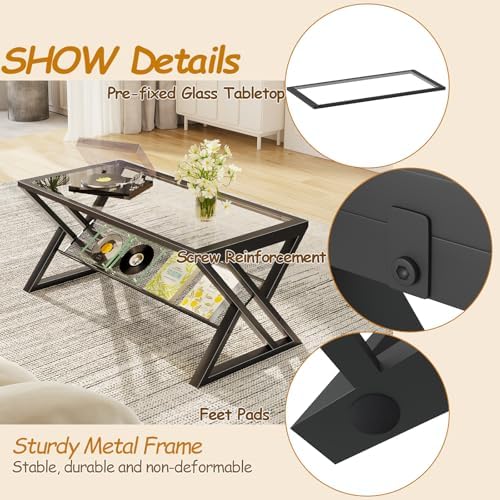 Wolawu Glass Coffee Table Black Table Living Room Table with Storage Shelf