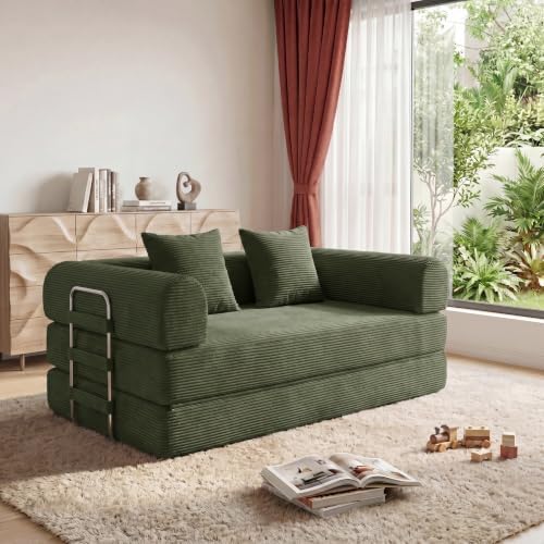 Futon Sofa Bed Modular Loveseat Sleeper Folding Pull Out Couch with Pillows, No Assembly Required Boneless Couch for Living Room Bedroom Guest Room (Green, 59.06" Loveseat Sofa)