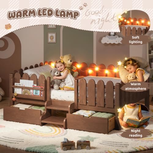 Bellemave Full Size Platform Bed with Storage Drawers & Bookshelf for Boys Girls, Kids Full Bed Frame with LED Lights & Stairs for Children's Room, Deep Natural