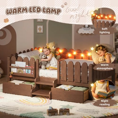 Bellemave Full Size Platform Bed with Storage Drawers & Bookshelf for Boys Girls, Kids Full Bed Frame with LED Lights & Stairs for Children's Room, Deep Natural