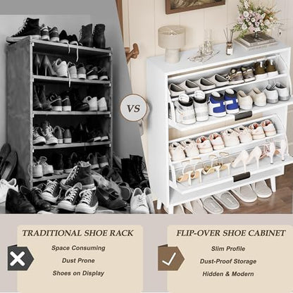 Shoe Storage Cabinet with 2 Flip Drawers, Narrow Wood Shoe Organizer Cabinet with Fluted Panel, Slim Shoe Rack for Entryway, Freestanding Shoe Cabinet for Living Room, Hallway, White