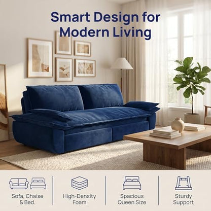 73.2" Sofa Bed Queen, 3-in-1 Pull Out Sofa Bed with Pillow Armrest, Modern Velvet Convertible Sleeper Futon Sofa for Living Room Small Space, Apartment, Bedroom, Blue