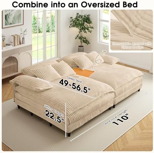 110" W Oversized Double Chaise Lounge Sofa Couch, Corduroy Sleeper Sofa Bed with Adjustable Backrest, Modern Upholstered Cloud Couch with Deep Seat & Pillows for Living Room, Khaki