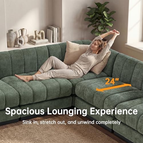 Morden Fort 5-Seater L-Shaped Modular Sectional Sofa, Deep Seat Chenille Couch for Living Room, Modern Modular Corner Sofa with High-Density Foam Cushions, Comfy Apartment Couch, Green