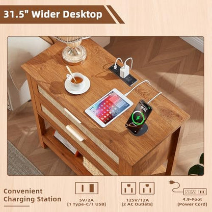 LEYAOYAO 31.5" Wide Rattan Night Stand with Charger Station, Boho