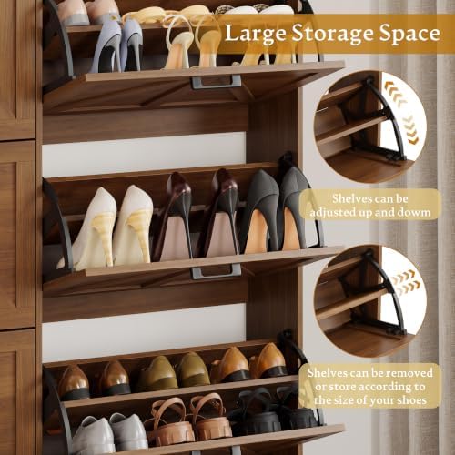 Shoe Cabinet Storage for Entryway, Shoe Storage Cabinet with 6 Flip Drawers, Freestanding Narrow Shoe Rack Organizer with Metal Legs, Adjustable Shelves & Open Storage for Foyer, Hallway, Walnut