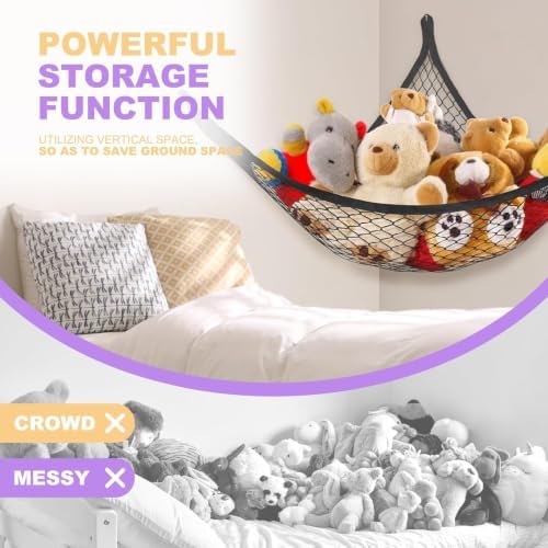 Lazebox Stuffed Animal Net Hammock for Plushie Toys, Stuffed Animal Hammock Corner for Kids' Room Decor, Ideas for Organizing Stuffy Collection, Black, XL (82.6" x 65" x 65")-Pack of 1