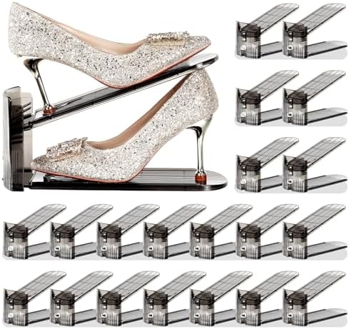 Shoe Slots Organizer 20 Pack - Shoe Stacker,3 Levels Adjustable,Space Savers 50%,Double Layer Holders for Closet (Black),Organizador de Zapatos