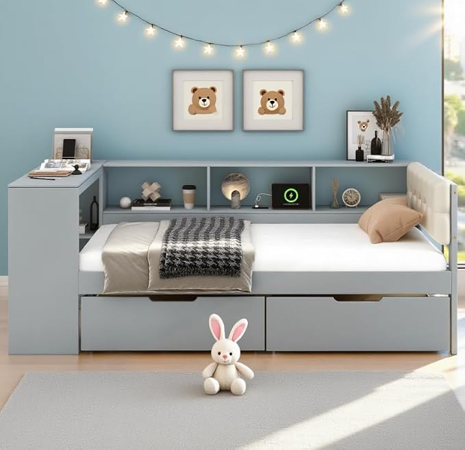 Bellemave Twin Corner Bed Frame with Storage Shelves and Desk, Wood Twin Size Daybed with Bookcase and Drawers and Upholstered Headboard, Gray