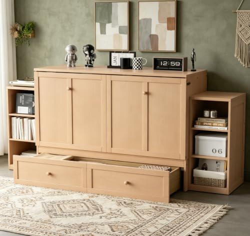 Bellemave Queen Murphy Bed, Cabinet Bed with 2 Shelves and Storage Drawers, Farmhouse Murphy Cabinet, Golden