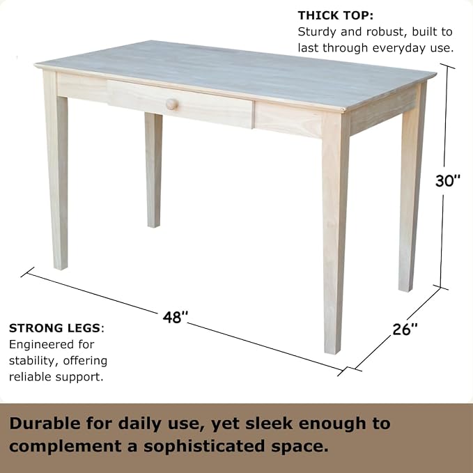 IC International Concepts, Writing Desk With Drawer, Solid Real Wood, Sturdy Parawood, Dimensions 19.41"W x 15"D x 2.36"H, Home Office/Study, Paint/Stain Ready, Unfinished
