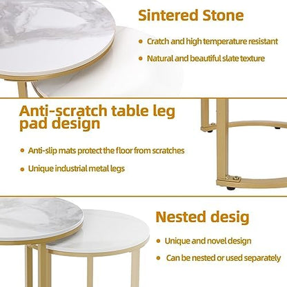 Wisfor Round Nesting Coffee Table: Set of 2 White Sintered Stone Stacking Side Table with Golden Metal Frame - Small Sofa End Table for Living Room Bedroom, 15.7x21.5 (13.8x19.7)