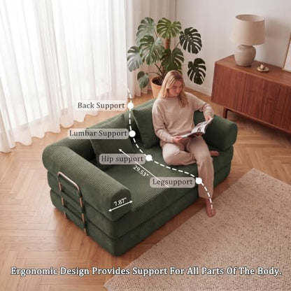 Futon Sofa Bed Modular Loveseat Sleeper Folding Pull Out Couch with Pillows, No Assembly Required Boneless Couch for Living Room Bedroom Guest Room (Green, 59.06" Loveseat Sofa)