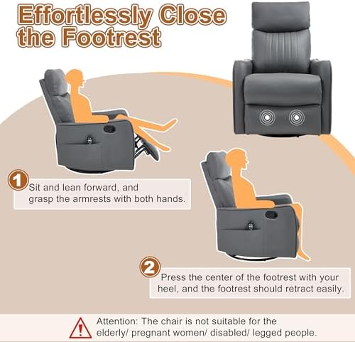 Manual Swivel Rocker Recliner Chair for Adults, Overstuffed Reclining Glider Chair for Nursing with Vibration Massage & Heat, Living Room Rocking Recliner 2-Stage backrest, Faux Leather Gray