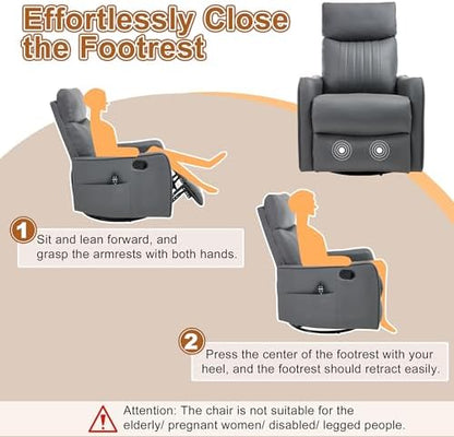 Manual Swivel Rocker Recliner Chair for Adults, Overstuffed Reclining Glider Chair for Nursing with Vibration Massage & Heat, Living Room Rocking Recliner 2-Stage backrest, Faux Leather Gray