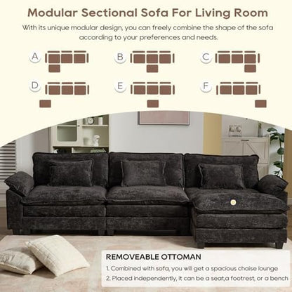 IPKIG 117" Modular Sectional Cloud Couch, Modern L-Shaped Sofa with Ottoman