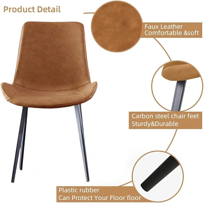 HIPIHOM Dining Chairs Set of 2, Modern Kitchen & Dining Room Chairs, Upholstered Faux Leather Cushion Seat and Sturdy Metal Legs (2 Brown Chairs)