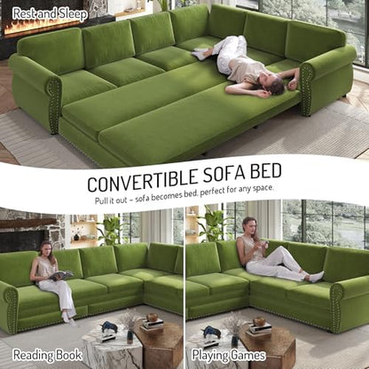 HANXIN 118" L-Shaped Sofa Couch with Pull Out Bed, Oversize Convertible Sectional Sleeper Sofa with Nailhead Trim & Rolled Arm, 6 Seat Chenille Upholstered Couches for Living Room(Grass Green)